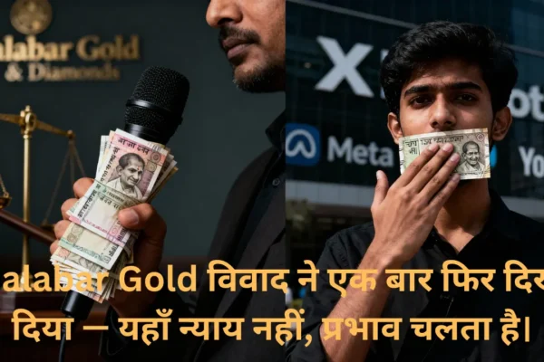 पैसे की ताकत से चुप कराई जा रही आवाज़ — भारत में कॉरपोरेट प्रभाव और न्याय व्यवस्था पर धनबल के असर का प्रतीकात्मक चित्र।