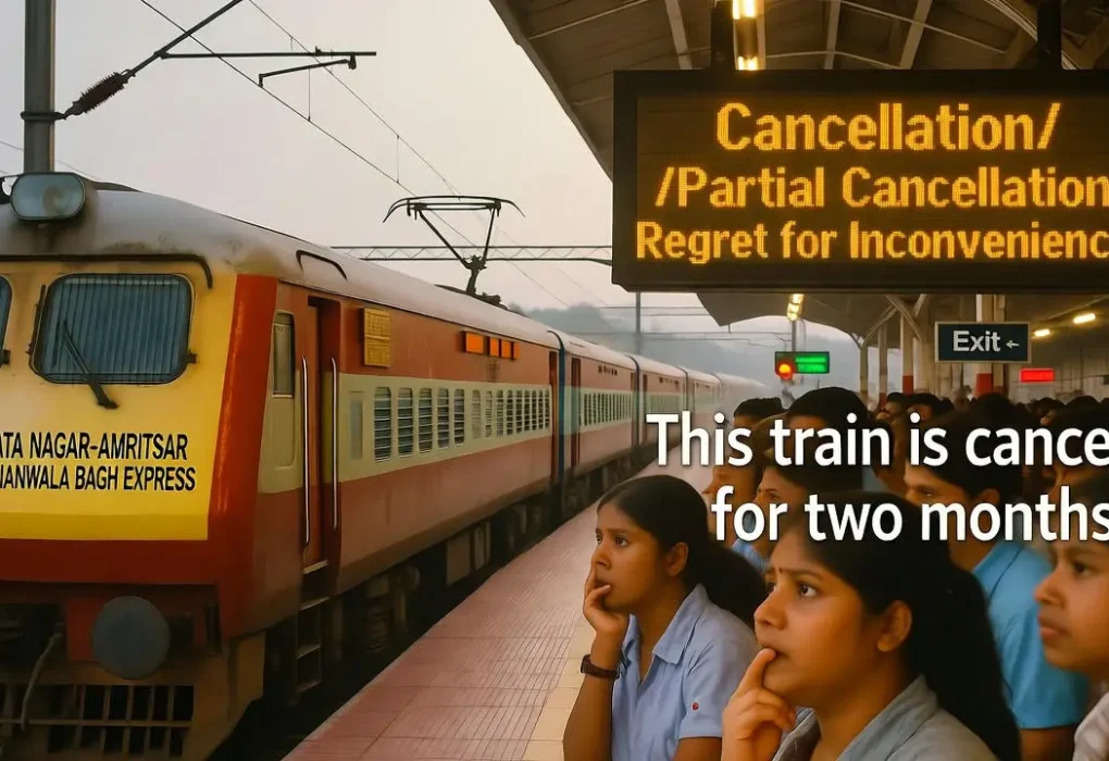 Tata Nagar-Amritsar Jallianwala Bagh Express train halted at a crowded platform with worried passengers, showing a two-month cancellation notice, realistic Indian railway scene.