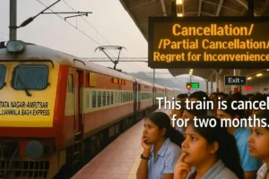 Tata Nagar-Amritsar Jallianwala Bagh Express train halted at a crowded platform with worried passengers, showing a two-month cancellation notice, realistic Indian railway scene.
