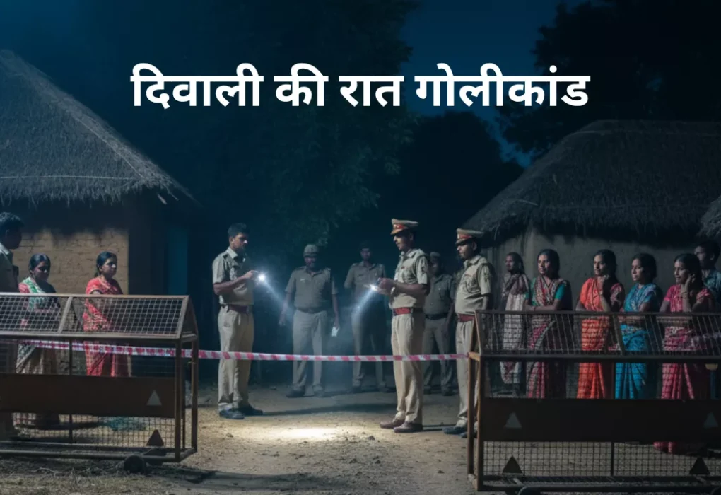 मुड़ामु गांव में दीवाली की रात गोलीकांड के बाद पुलिस और ग्रामीण जांच करते हुए