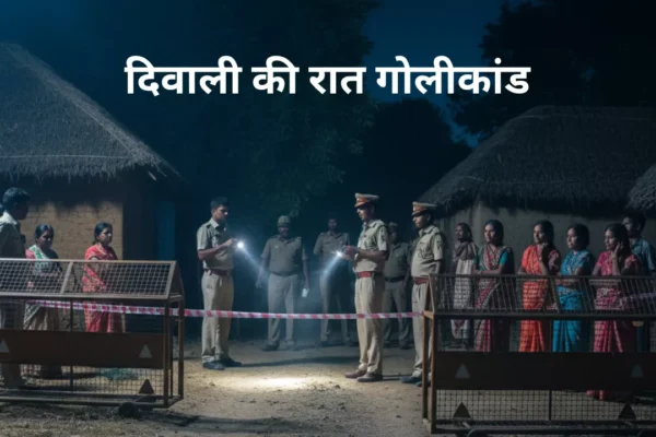 मुड़ामु गांव में दीवाली की रात गोलीकांड के बाद पुलिस और ग्रामीण जांच करते हुए